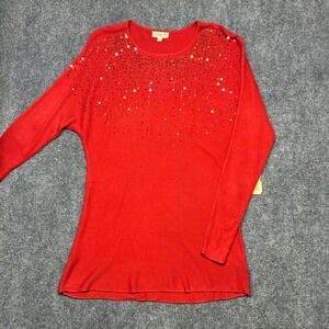 One World Red Rhinestone Embellished Knit Long Sleeve Sweater Holiday Size M